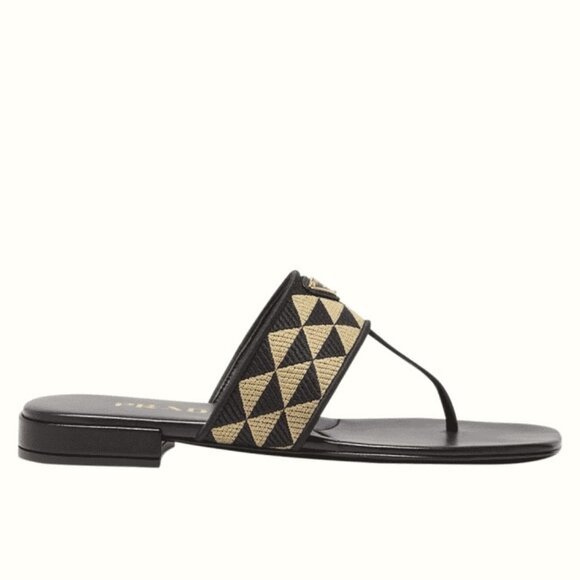 PRADA Triangular Triangle Logo Jacquard Woven T Strap Thong Flat Sandals - Picture 2 of 16
